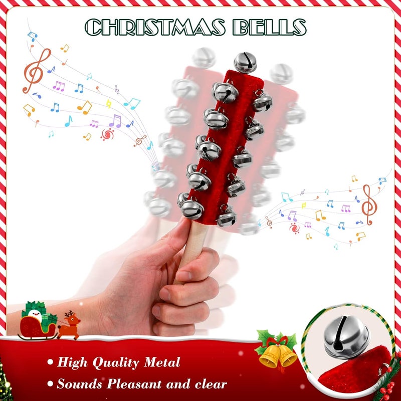 Kidum 4 Pcs Christmas Sleigh Bells Wooden Handle Jingle Bells Instrument Musical Hand Bell Shaker Rattle Musical Percussion Instrument for Xmas Holiday Party (Red) - Image 3